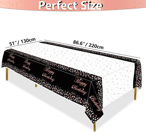 3 Pack Black and Rose Gold Tablecloths, Plastic Disposable Birthday Decorations, Rectangle Table Cover 51"x86" for