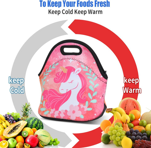 Violet Mist Cute Unicorn Neoprene Lunch Bag, Pink Reusable Insulated Lunch Box with Zipper for Work Gifts