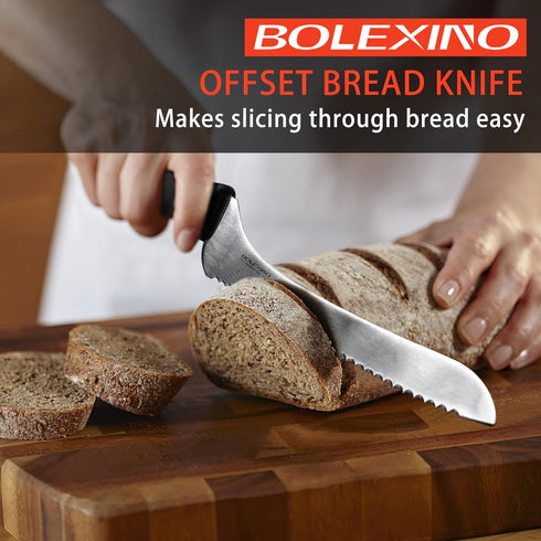 9 Inch Offset Serrated Bread Knife, Wavy Edge knife, High Carbon Stainless Steel Multi-Purpose Kitchen Knife for Homemade Bread, Crusty Breads, Cake, Bagel by BOLEXINO