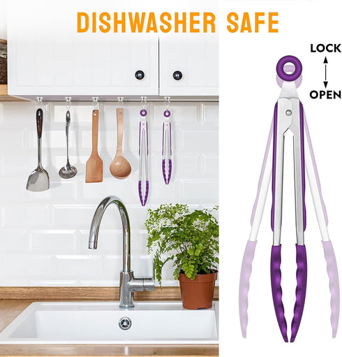 HOTEC Premium Stainless Steel Locking Kitchen Tongs, Set of 2 (9" and 12"), Silicone Tips, Purple