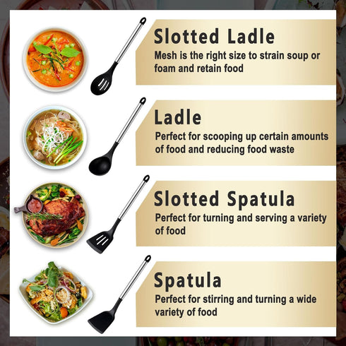 Pleafind 4-Pcs Silicone Cooking Utensils Set, Includes Wok Ladle, Slotted Spoon, Solid Spatula, Slotted Spatula,