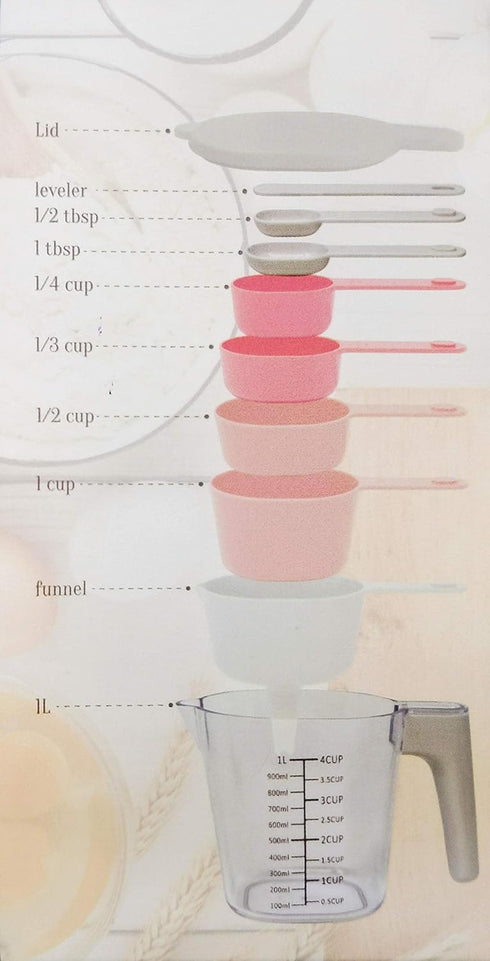 GK509W 10 pcs Nesting Stackable Measuring Cup and Spoons Set - Includes One Scraper and One Funnel, BPA Free,