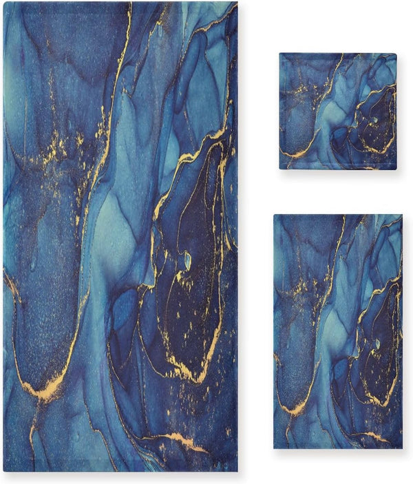 SUABO Blue Abstract Art Marble Bath Towel Sets 3 Ultra Soft Fast Dry