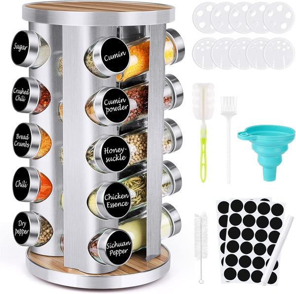 Spice Rack Organizer with Jars for Cabinet, 20Pcs Revolving Seasoning Organizer, Stainless Steel/Wooden