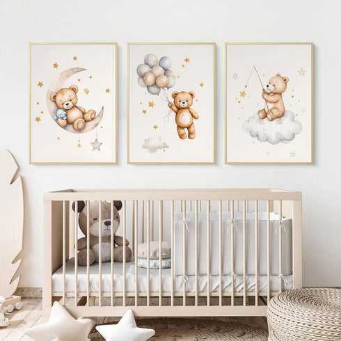 3Pcs 12x16in Teddy Bear Nursery Wall Art Bear Sleeping on The Moon and Stars Wall Decor Pictures Balloon Cloud Neutral