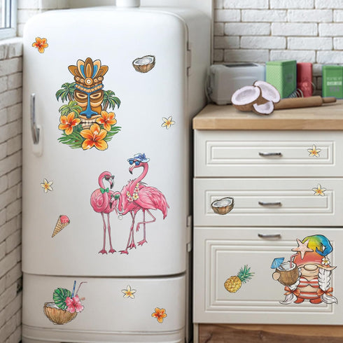 Mfault Summer Gnome Window Clings, 9 Sheets Tropical Tiki Flamingo Parrot Stickers for Seasonal Home Kitchen Decor