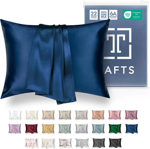 Tafts Pillow Cases - 22mm 100% Pure Mulberry 6A Silk Pillowcase with Zipper Closure (Navy Blue, Queen 20x30 1pc)