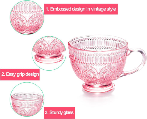 Handle-14 oz (4) Vintage Glass Coffee Mugs with Pink Embossed Glass Cups for Cappccino, Latte, Cereal, Yogurt, Tea
