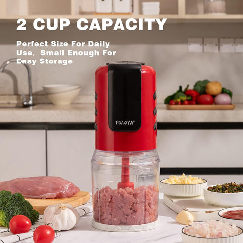 Mini Food Processor 2 Cup Small Electric Food Chopper 2 Speed for Vegetables, Meat, Fruits and Nuts with 4 Stainless Steel Blades, 400-Watt, Red by puloya