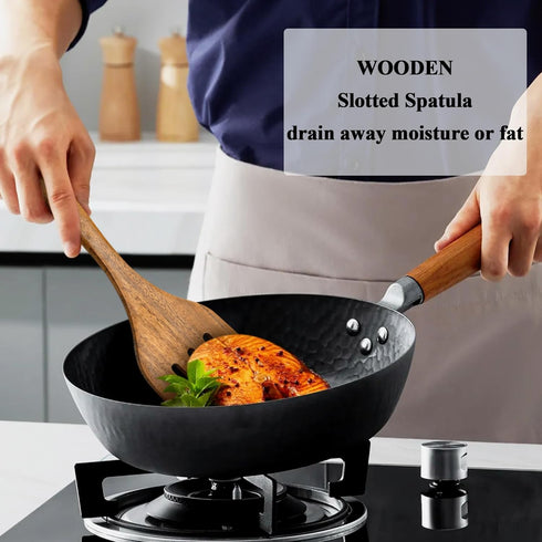 Wooden Spatula for Cooking, 12 Inches Slotted and Angled Solid Turner Utensils for Nonstick Cookware, 2 Pack