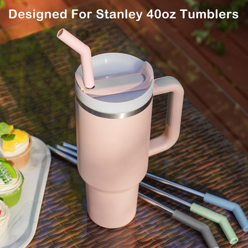 Tomorotec 6PCS Silicone Tip Stainless Steel Straws for 40oz Stanley Tumblers, 12" Long with 2 Cleaning Brushes (Morandi)