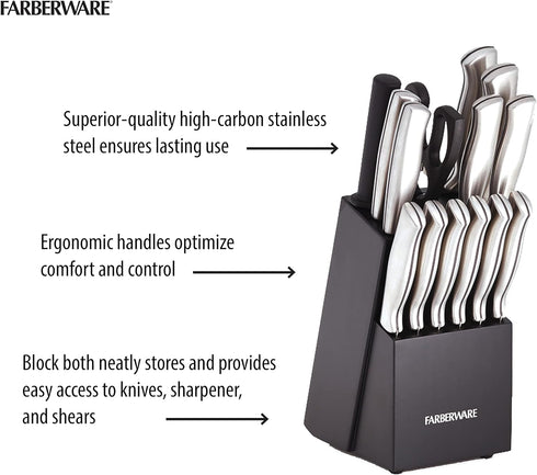 Farberware 15-Piece High-Carbon Stamped Stainless Steel Kitchen Knife Set with Wood Block
