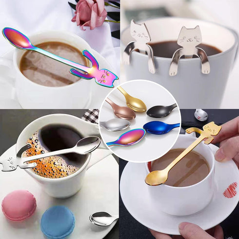 Cat Spoon Coffee Tea Spoon Set, ESRISE Stainless Steel Mini Long Cute Kitten Teaspoons for Dessert Mixing (Multicolor)