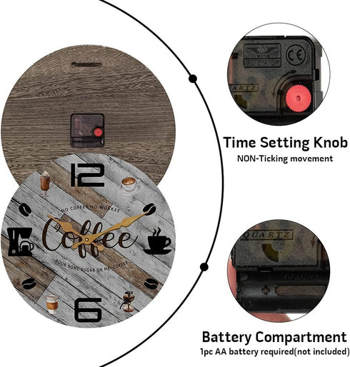 TIANCENTRAL Rustic Kitchen Wall Clock, 12 Inch Wooden Silent Clocks for Office, Coffee Decor, Cafe Shop