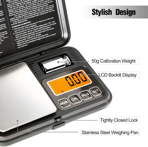 Fuzion Digital Pocket Scale 200g/0.01g, Mini Scale with LCD Display, Tare, PCS, and 50g Calibration Weight for Jewelry