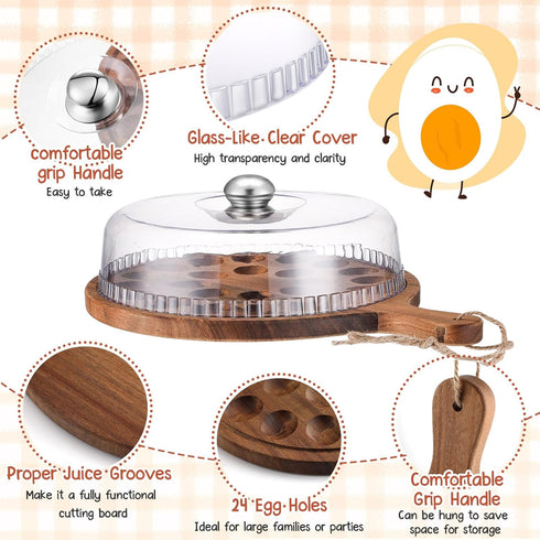FillTouch 24 Countertop Easter Acacia Wood Deviled Egg Platter with Lid and Handles Holes Round Deviled Egg Tray Holder