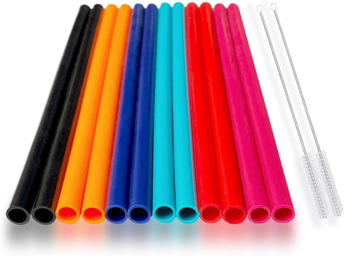 12 Pcs Eco Friendly Silicone Straws with 2 Cleaning Brushes, Reusable for 30oz and 20oz Tumblers (Pure Multicolor, 10