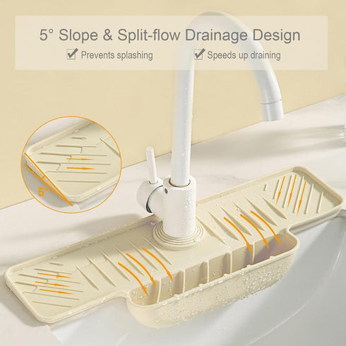 JOYNAVIOR 5 Silicone Faucet Mat with Sponge Holder, Sink Splash Guard, Faucet Draining Mat for Kitchen Bathroom, Slope