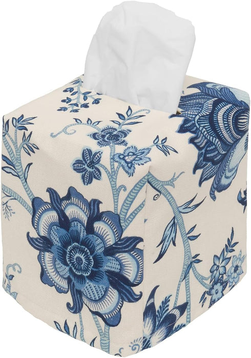 Fabric Tissue Box Cover, Decorative Cotton Blue Floral Fabric Tissue Holder Slipcover for Square Cube Cardboard Facial
