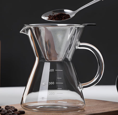 Pour Over Coffee Maker with Reusable Stainless Steel Drip Filter, Lead-Free Borosilicate Glass Carafe (400ml/13.5oz)
