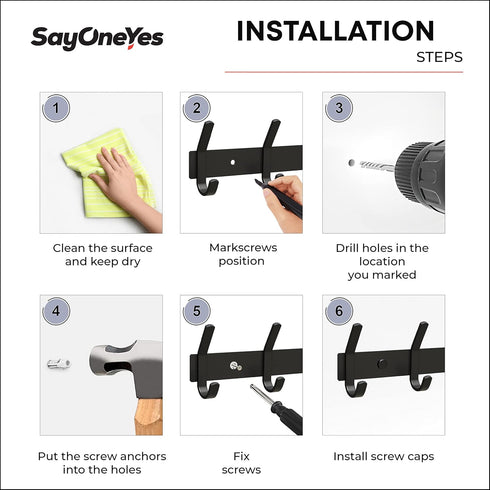 Matte Black Coat Rack Wall Mount, 12 Inch Stainless Steel Hook Rail with 4 Double Hooks for Entryway Organizer