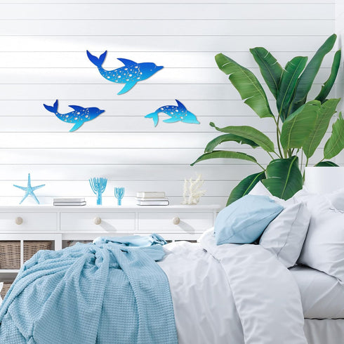 Yaomiao 3 Pieces Metal Dolphin Wall Decor, Beach Coastal Hanging Decorations for Pool Fence
