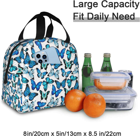 Insulated Lunch Bag Box for Women, Blue Butterfly Print Cooler Thermal Waterproof Tote Bag for Work & Picnic
