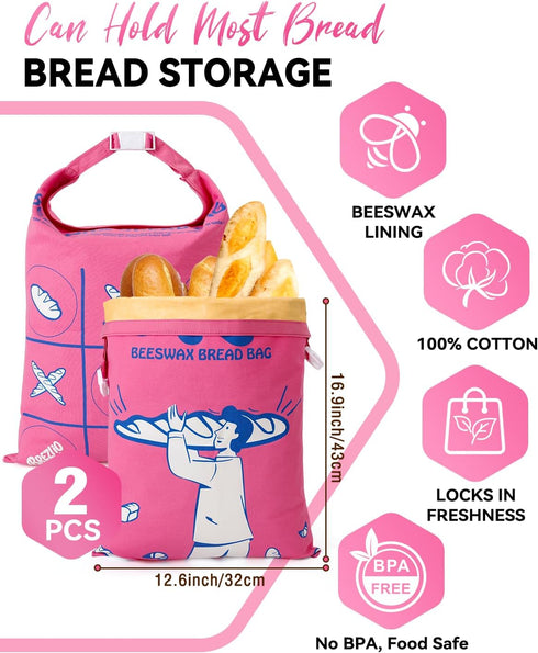 Brezlio 2 Pack Beeswax Bread Bags Reusable for Homemade Sourdough - Large Cotton Bread Storage Bags - Keeps Bread Fresh