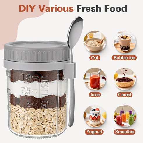 6 Pack 16 oz Overnight Oats Containers with Lids and Spoons, Airtight Oatmeal Container with Measurement Marks