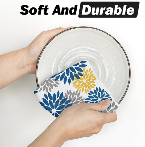 12x24 Inch Set 2 Artoid Mode Dark Blue Dahlia Floral Bar Kitchen Towels, Quick Dry Microfiber Cloth Dish Towels
