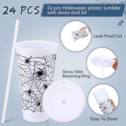 Funnymoom 24 24 Oz Pcs Halloween Cups with Lids and Straws Spiderweb Halloween Plastic Cups Bulk White Mugs for Kids