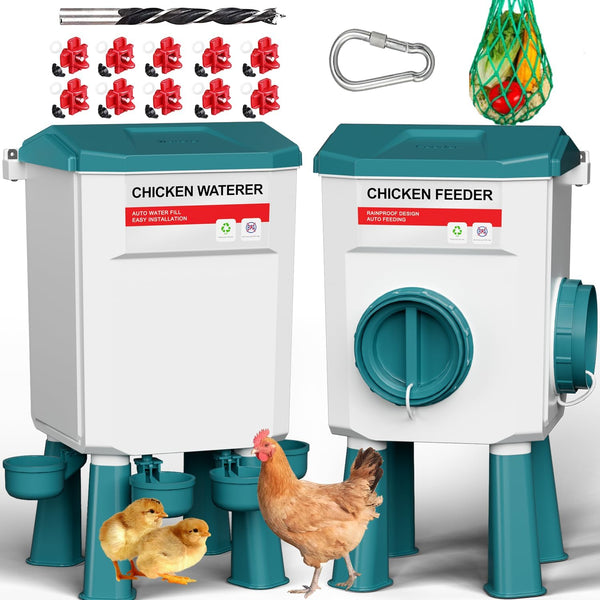 Chicken Feeder and Waterer Set, 1.9 Gallon/17.7 Pounds, Automatic Chicken Feeders and