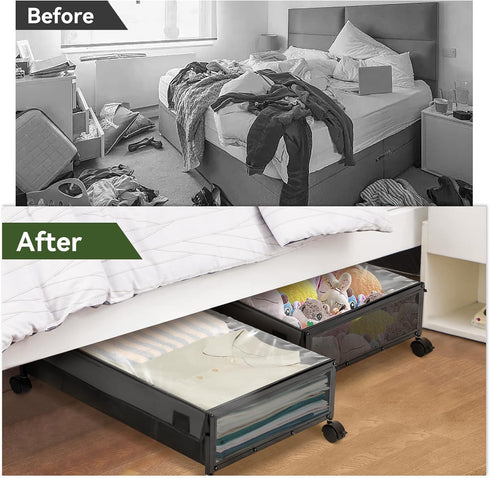 Under Bed Storage Containers Drawers on Wheels, Organizer with Dust Cover, 2 Pack (Black/Solid Fabric)