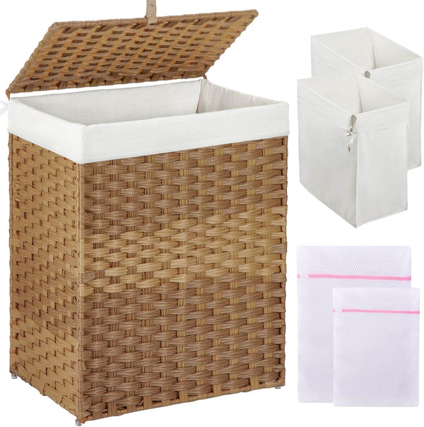 GREENSTELL Laundry Hamper - 90L Clothes Hamper with Lid, 2 Removable Liner Bags & 2 Mesh Laundry Bags, Handwoven