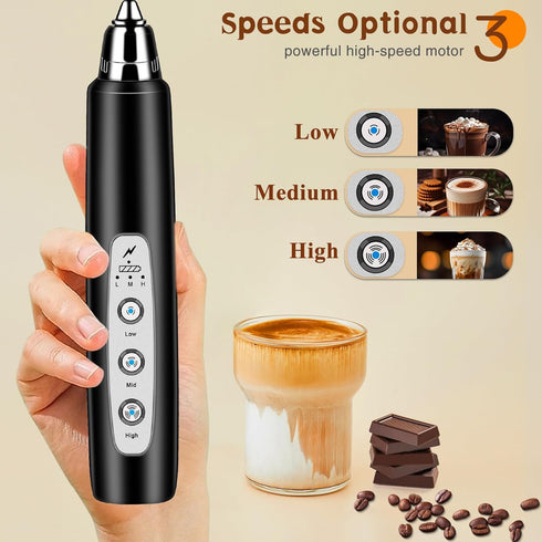 Handheld Rechargeable Milk Frother with Stand, Electric Whisk for Coffee, Detachable with 3 Stainless Whisks, Black