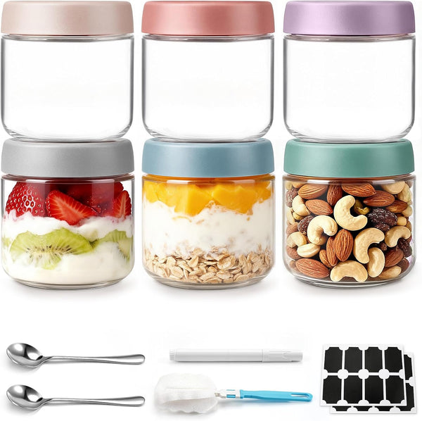 6 pack 10 oz Overnight Oats Containers with Lids and Spoons Glass