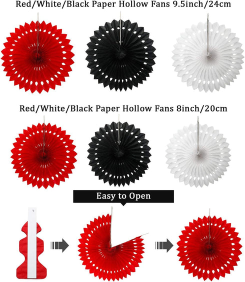 WILLBOND 29 Pcs Red and Black Decorations, Mouse Paper Decoration Fan Pom Pom for Graduation Birthday