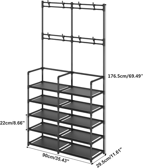 5-Tier 8 UDEAR Coat and Shoe Rack, Entryway Coat Rack with Hooks, Double Row Shoes Organizer for Living Room, Bedroom