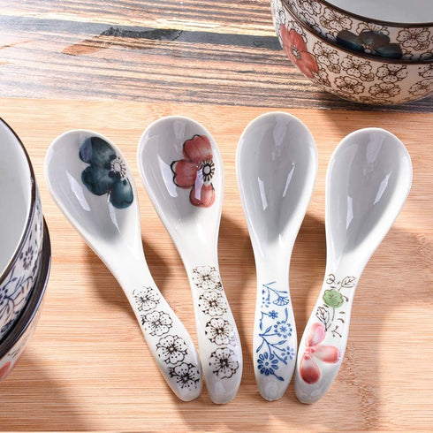 Japanese Soup Spoons Set of 4, Asian Ceramic Ramen Spoons
