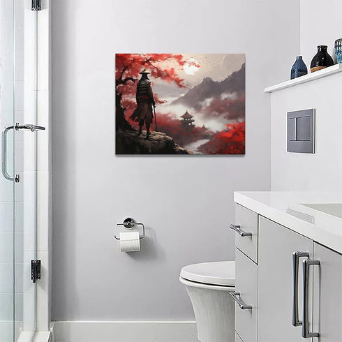 Japanese Bushido Wall Art, Red Samurai Pictures Canvas Painting for Bathroom Bedroom Living Room Office, Framed 16"x12"