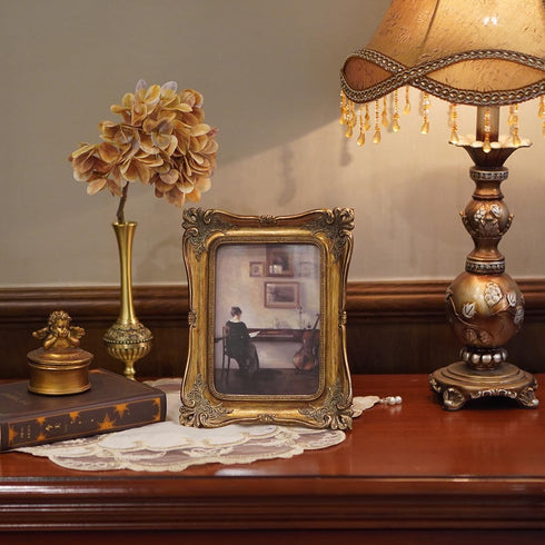 SIKOO Vintage Picture Frame 5x7 - Bronze Gold Antique Ornate Photo Frame for Wall Mount and Tabletop Display