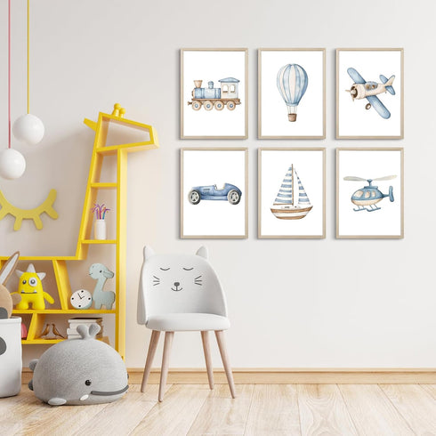 Lhoiplme 8x10x6 Inch Baby Boy Nursery Wall Art Transportation Blue Car Canvas Prints Vintage Toddler Vehicle Pictures