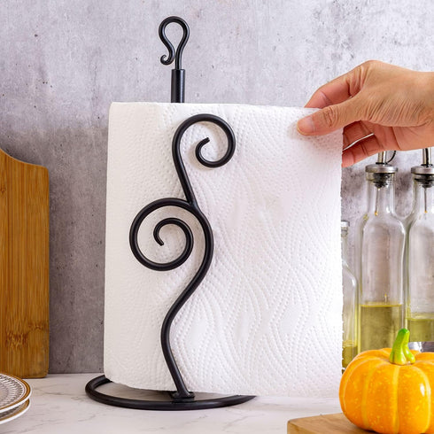 MyGift Rustic Burnt Solid Wood and Industrial Matte Black Metal Dining Combination Caddy with Paper Towel Roll