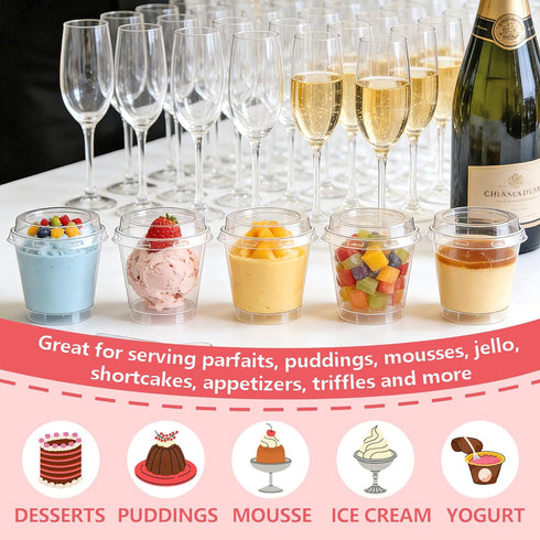 50 Pack 6 oz Plastic Dessert Cups with Lids and Spoons, Clear Round Pudding Parfait Shooter Jello Fruit Cups for Party