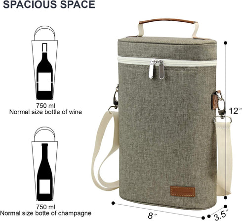 ZORMY 2 Bottle Insulated Wine Carrier Bag for Travel, Cooler Tote with Shoulder Strap & Corkscrew Opener
