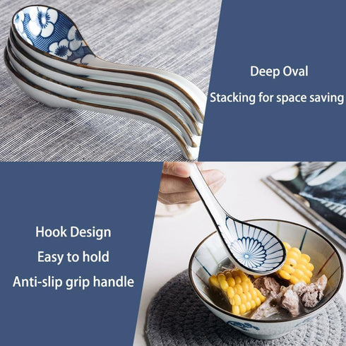5pcs Asian Soup Spoon, Ceramic Chinese Soup Spoons, Deep Oval Hook Non-slip Japanese Spoons for Rice Ramen Pho Miso Soup Wonton Noodle, Luck and Prosperity Gifts for Friends Parents Family
