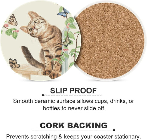 Set 6, 4 Inch Cat with Butterflies Coasters for Drinks of Absorbent Diatomite Ceramics Coasters for Coffee Table