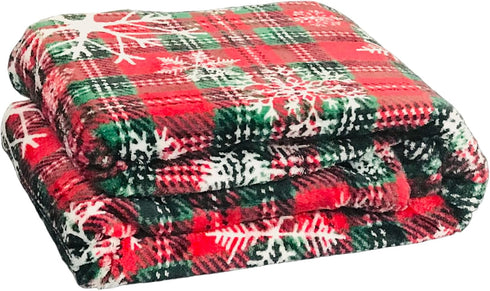 Cozy Christmas Holiday Plaid Throw Blanket with Snowflakes: Soft Accent for Sofa Couch Chair Bed or Dorm, Red Green
