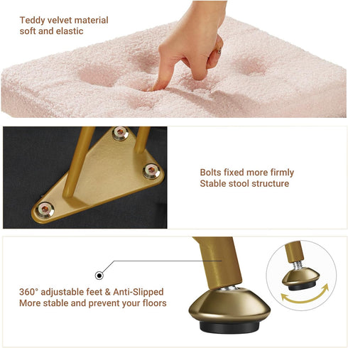4 Seventable Vanity Stool Chair with Storage, Teddy Velvet Soft Ottoman, Metal Legs with Anti-Slip Feet, Furry Padded