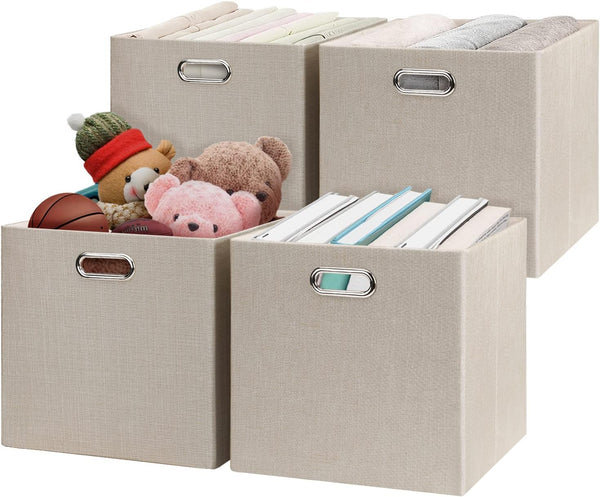 Posprica Storage Cube Basket Bins, 13×13 Foldable Storage Boxes, Set of 4, Beige Thick Fabric Drawer